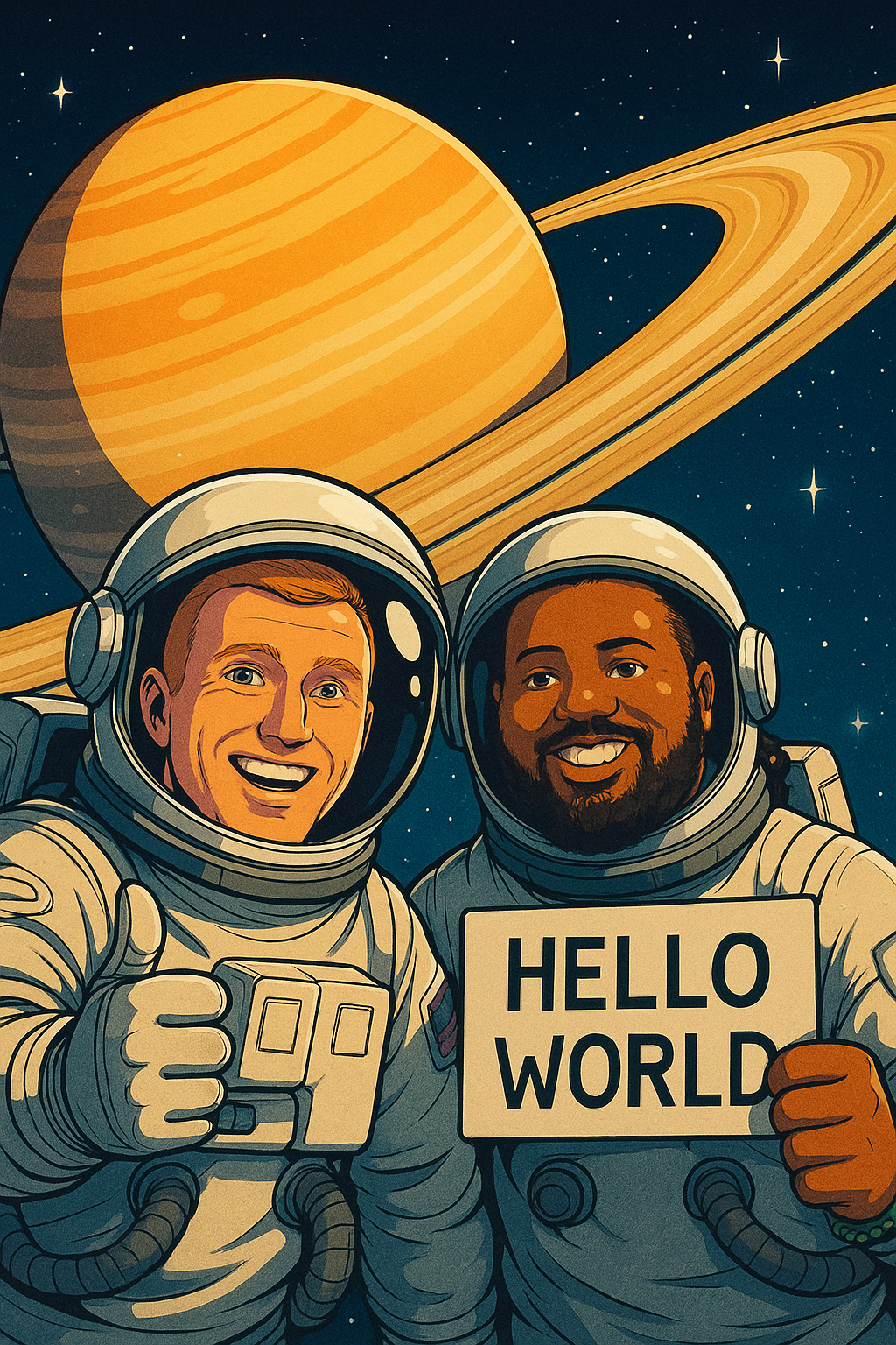 Astronauts saying Hello World